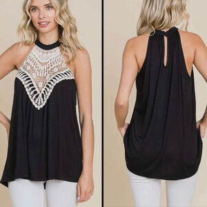 Culture Code Top Large Womens Black Crochet Halter Jersey Keyhole Flowy Chic New